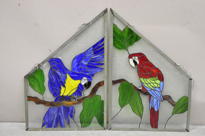 Vintage Leaded Stained Glass Red and Blue Parrot Bird Window Suncatcher - a Pair