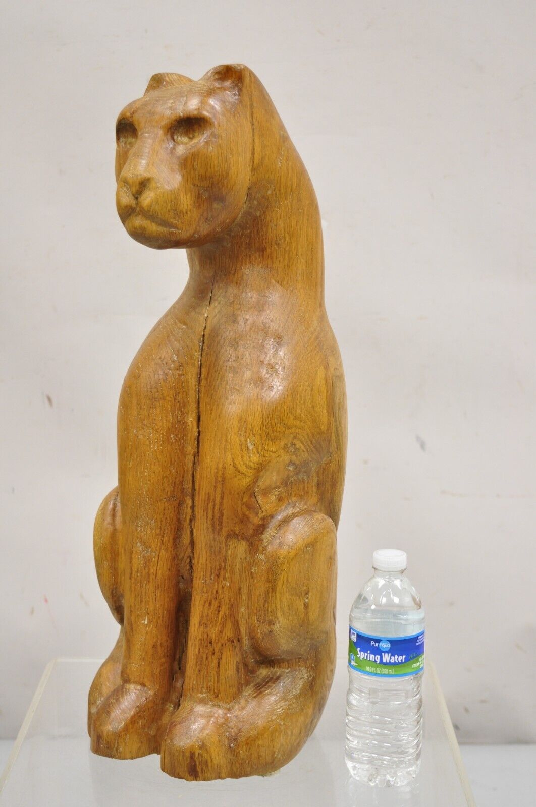Vintage Mid Century Modern Solid Carved Wood 24" Cat Art Sculpture