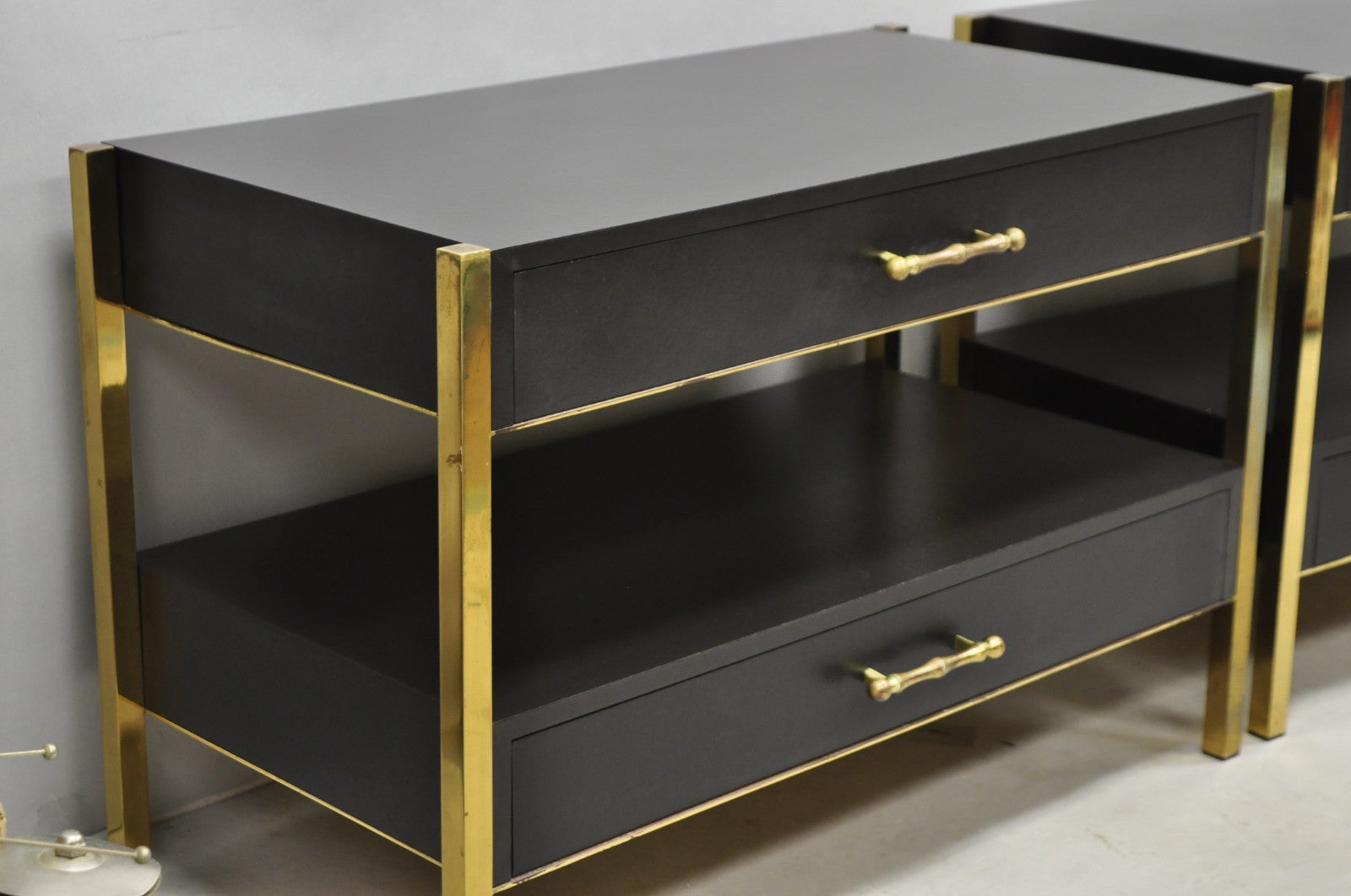 Contemporary Modern Black & Brass Faux Bamboo Nightstand Bedside Table - a Pair