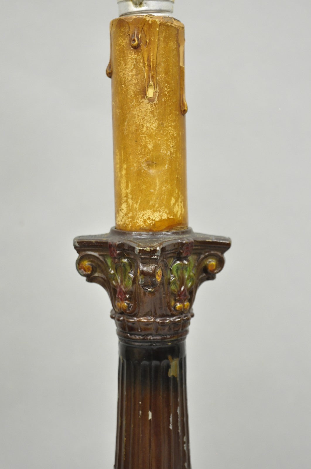 Antique French Empire Brown Painted Column Small Metal Table Lamps - a Pair