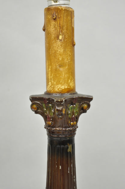 Antique French Empire Brown Painted Column Small Metal Table Lamps - a Pair