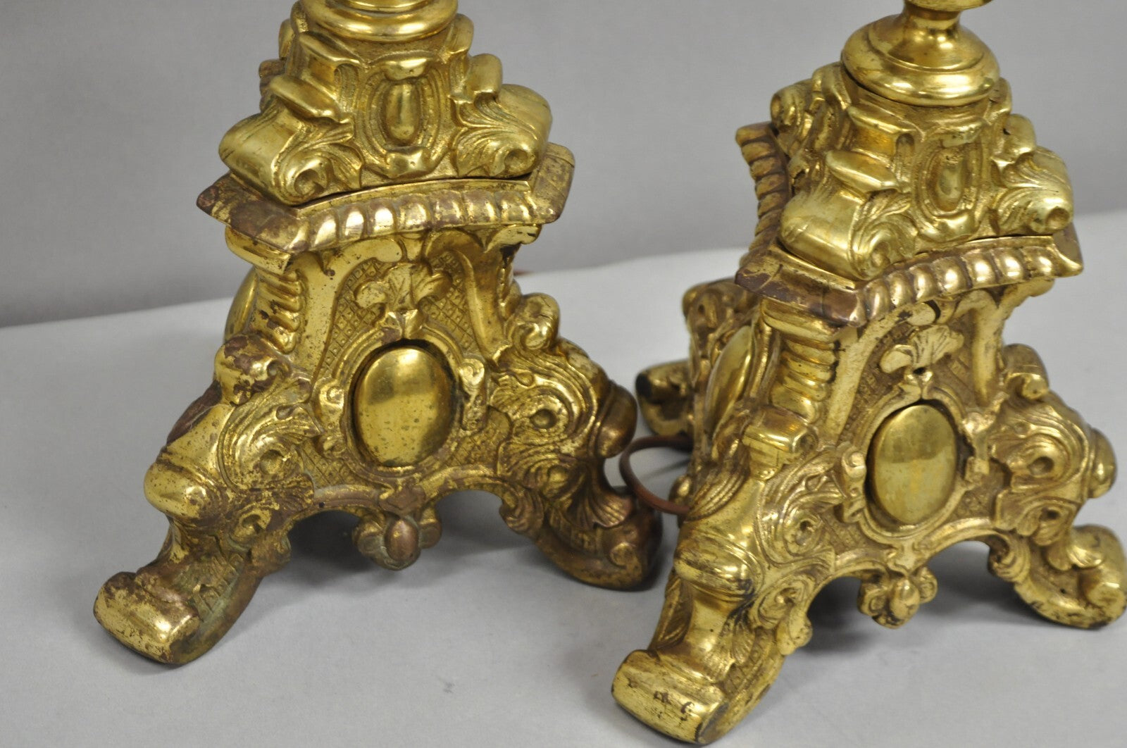 Vintage French Empire Baroque Ornate Brass Candlestick Table Lamps - a Pair