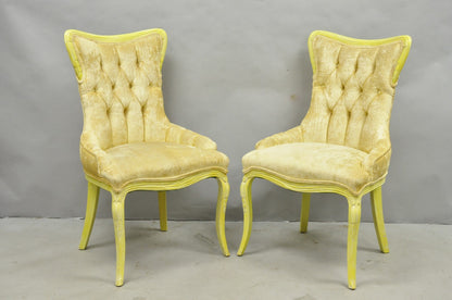 Vintage French Hollywood Regency Yellow Tufted Drape Carved Side Chairs - a Pair