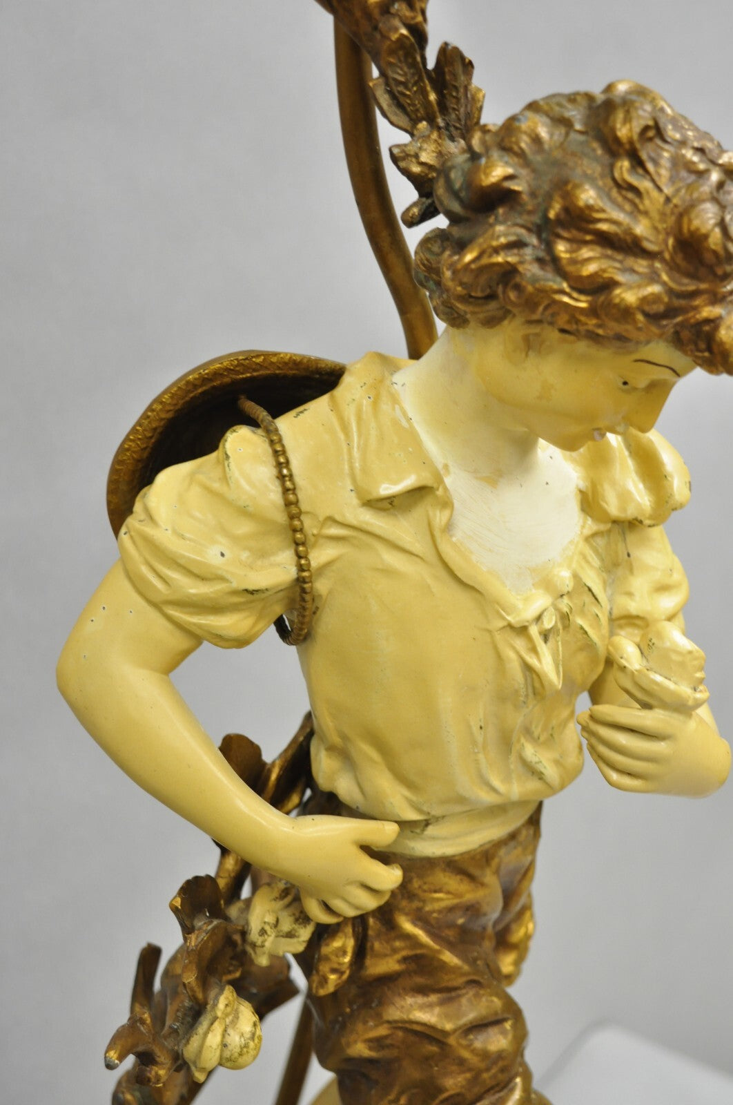 Vintage French L&F Moreau Figural Gold Painted Metal Boy Torchiere Table Lamp