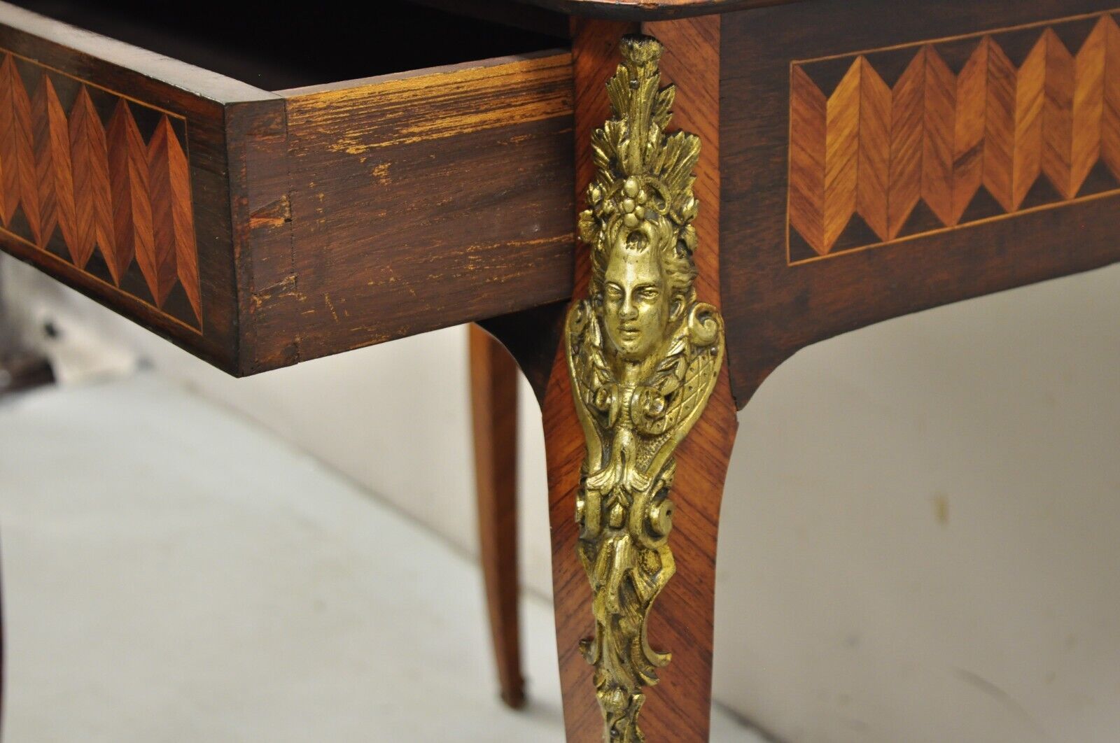 Antique French Louis XV Style Bronze Mount Marquetry Inlay 1 Drawer Writing Desk