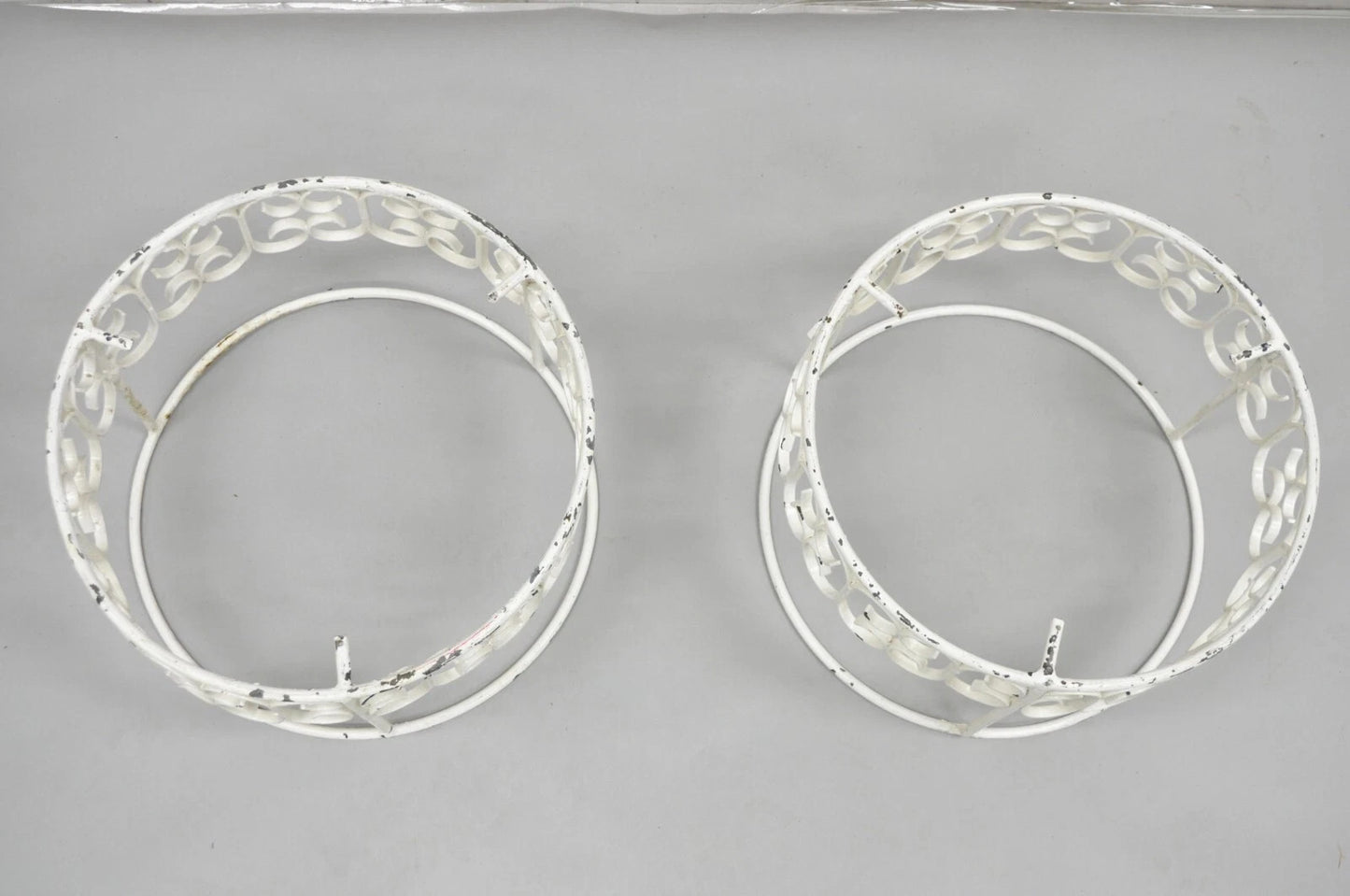 Vintage Arthur Umanoff Wrought Iron Scroll Low Round Glass Top Side Table - Pair
