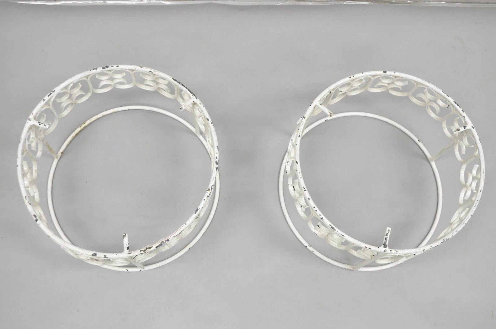 Vintage Arthur Umanoff Wrought Iron Scroll Low Round Glass Top Side Table - Pair