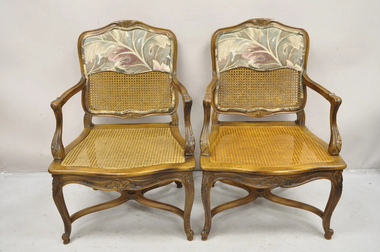 Vintage French Country Louis XV Style Upholstered Cane Lounge Arm Chairs - Pair