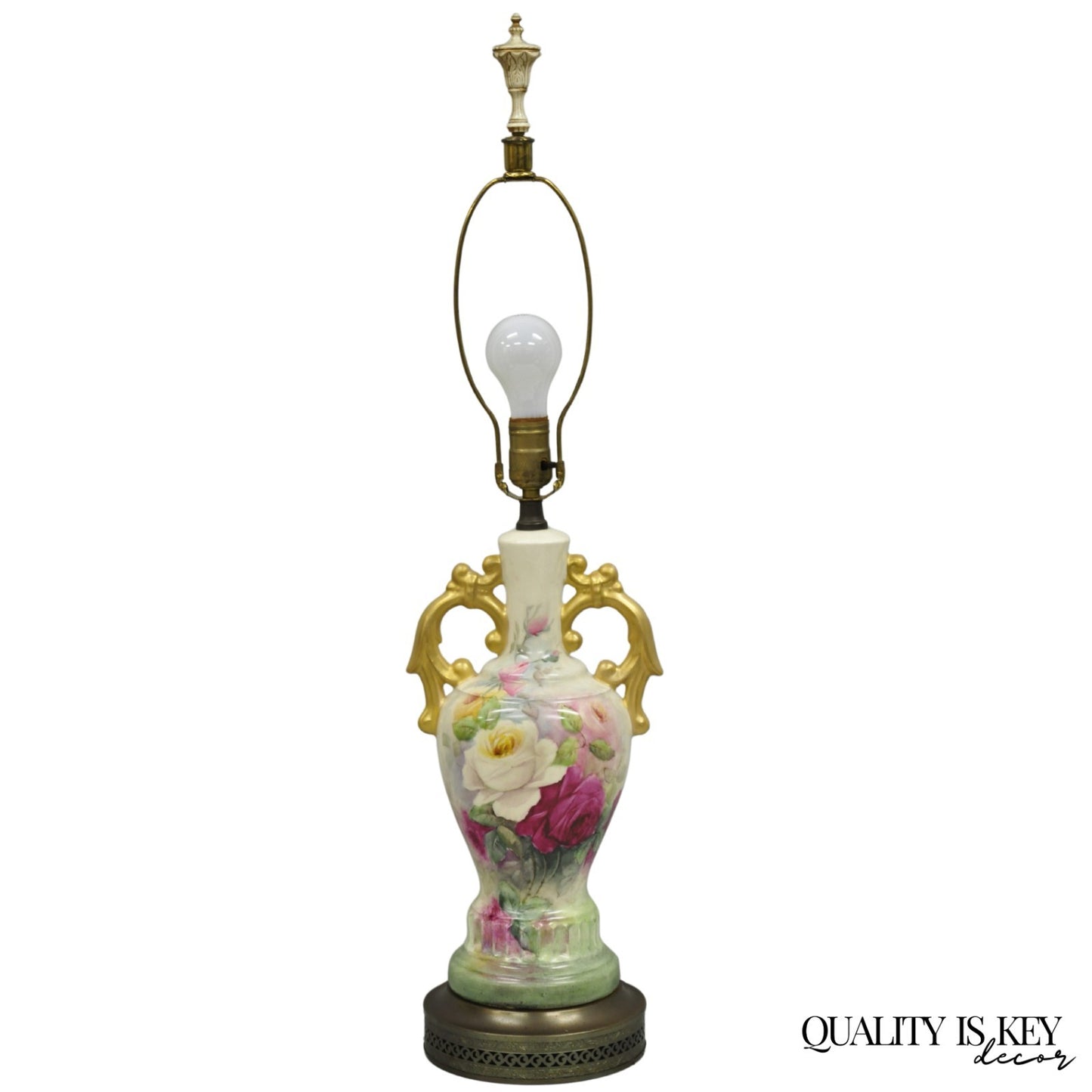 Antique Victorian French Porcelain Hand Painted Flower Vase Form Table Lamp