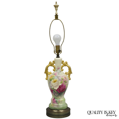 Antique Victorian French Porcelain Hand Painted Flower Vase Form Table Lamp
