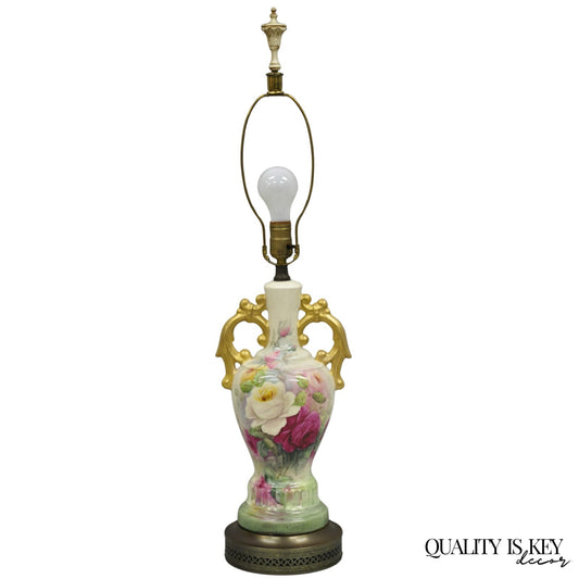 Antique Victorian French Porcelain Hand Painted Flower Vase Form Table Lamp