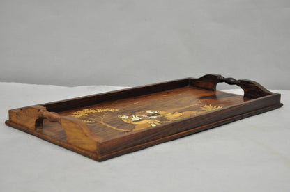 Vintage Anglo-Indian Marquetry Inlay Rosewood Twin Handle Serving Tray