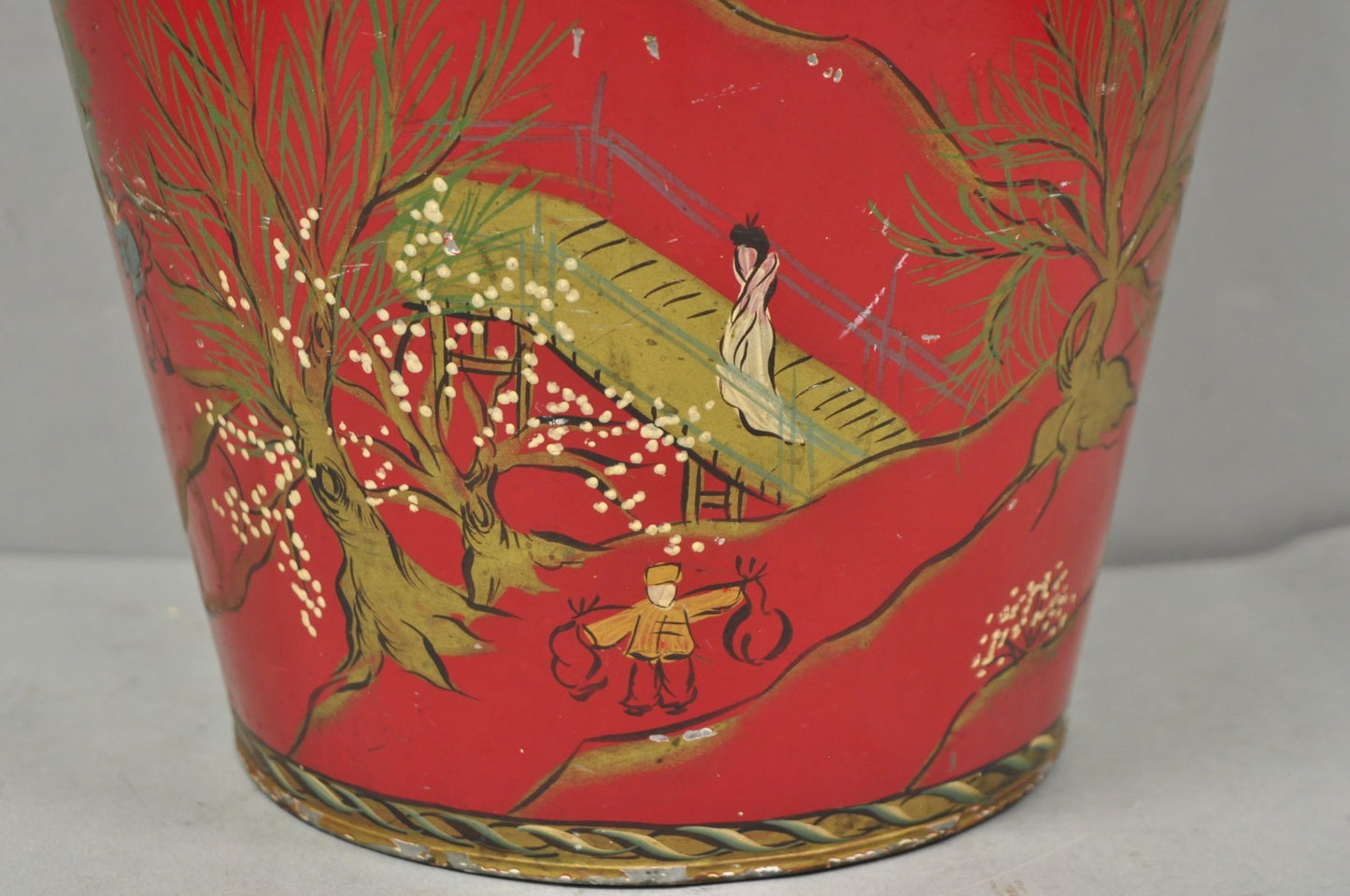 Italian Chinoiserie Hand Painted Oriental Red Tole Metal Wastebasket Trashcan