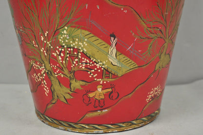 Italian Chinoiserie Hand Painted Oriental Red Tole Metal Wastebasket Trashcan