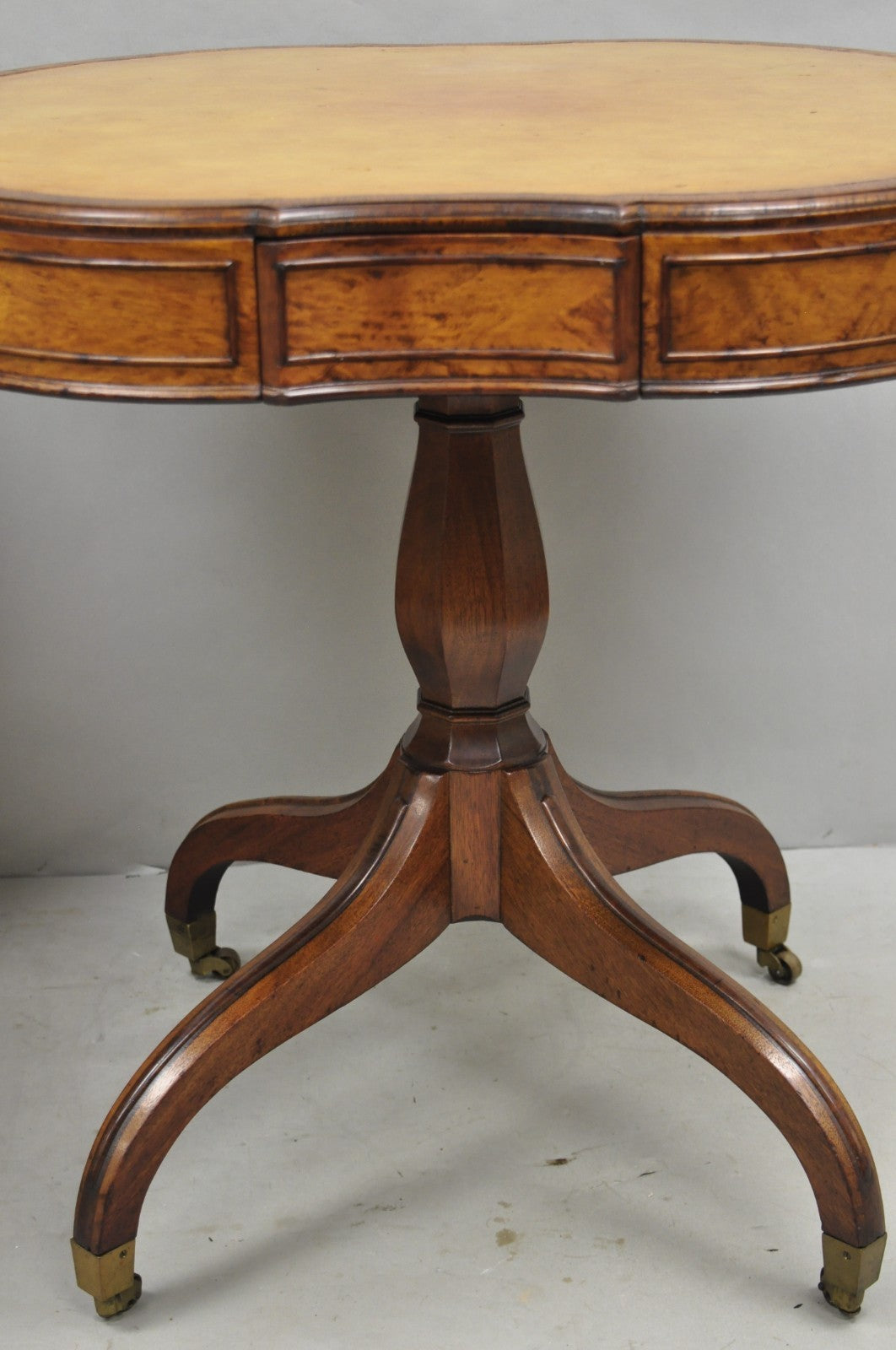 Vintage English Regency Leather Top Mahogany Drum End Table w/ 4 Drawers - Pair