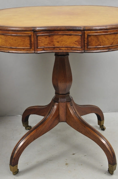 Vintage English Regency Leather Top Mahogany Drum End Table w/ 4 Drawers - Pair