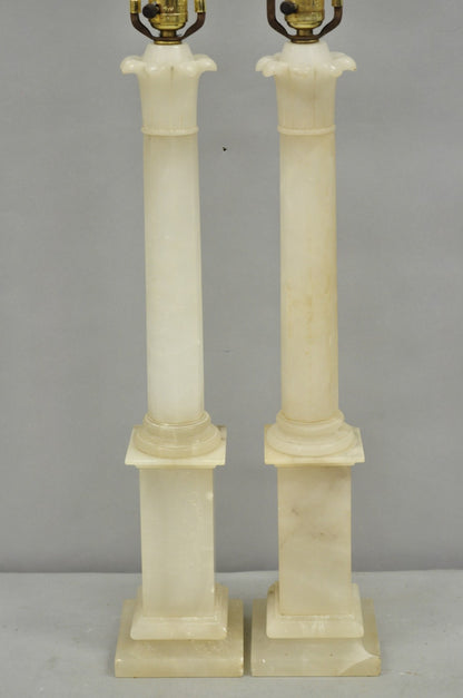 Vintage French Empire Italian Carved Alabaster Column Table Lamps - a Pair