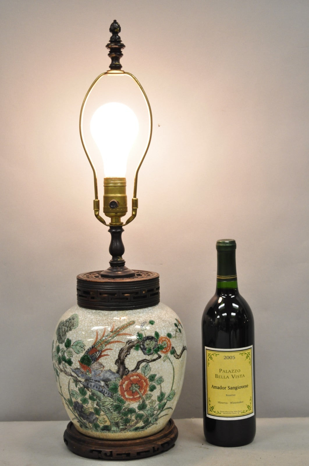 Antique Oriental Porcelain Bulbous Vase Bird Painted Table Lamp w/ Shade