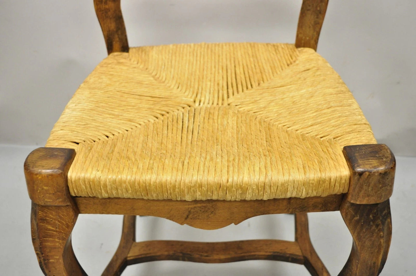 Vintage French Country Distressed Wood Ladder Back Rush Seat Side Chair