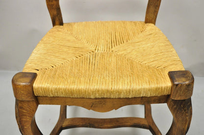 Vintage French Country Distressed Wood Ladder Back Rush Seat Side Chair