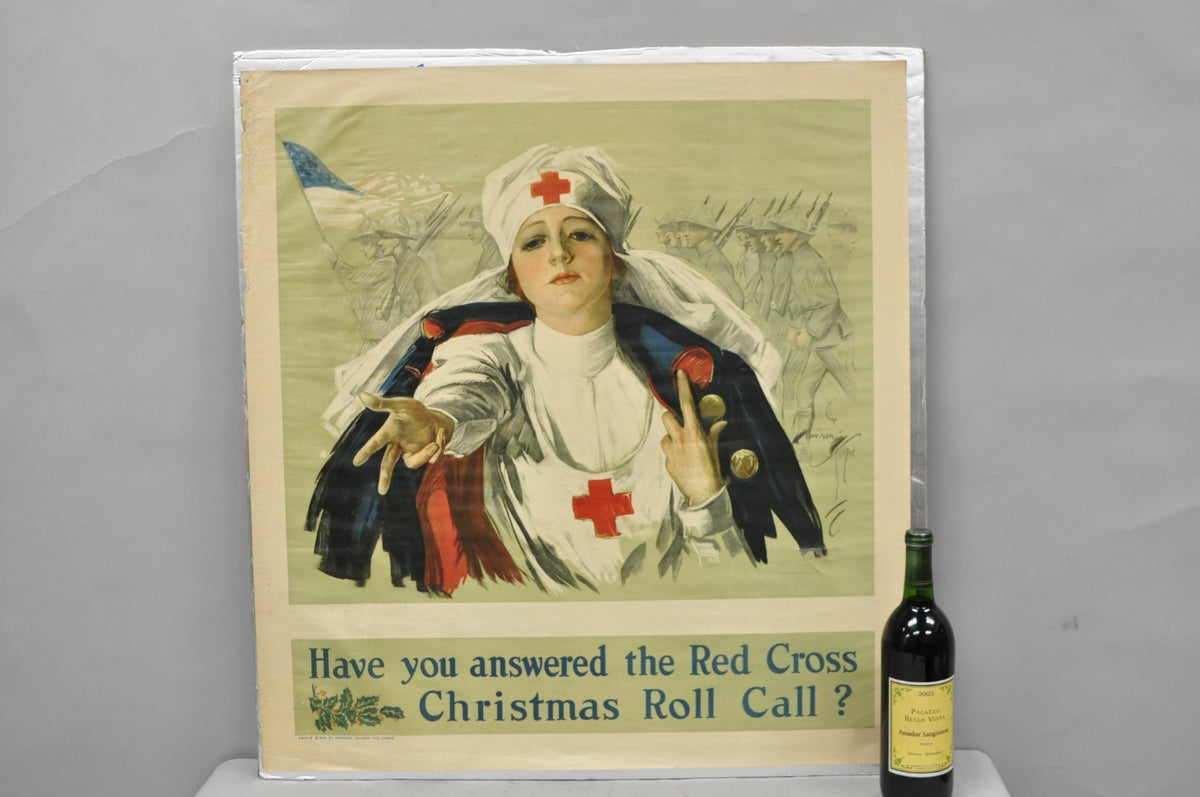 Original Vintage 1918 WWI Harrison Fisher Poster Red Cross Christmas Roll Call