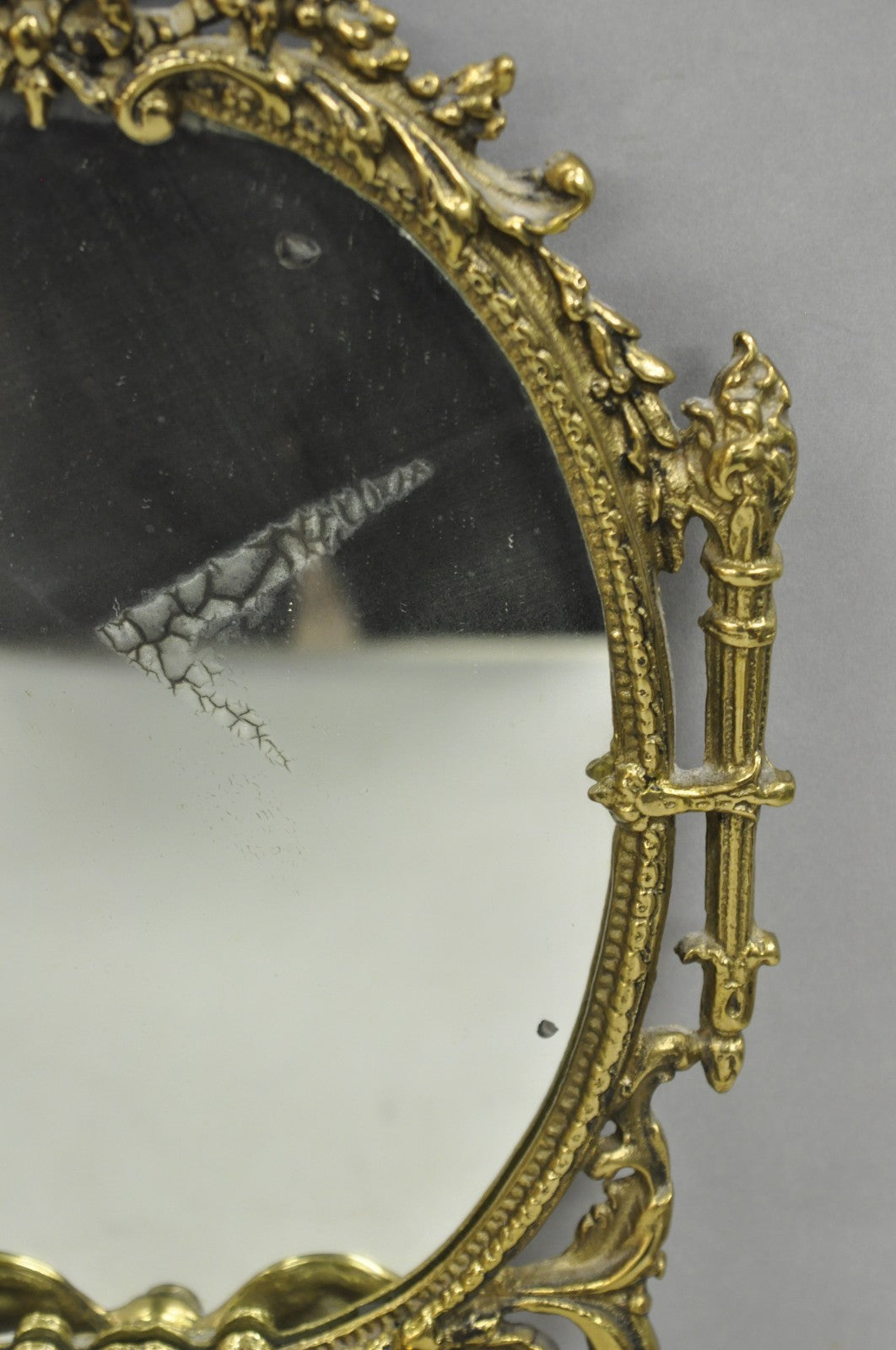 Antique French Rococo Louis XV Brass Oval Mirror Candelabra Wall Sconces - Pair
