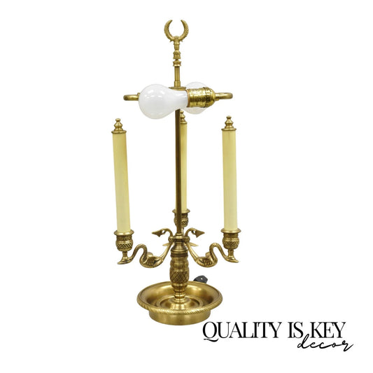 Vintage Regency Style Brass Candlestick Bouillotte Desk Table Lamp w/ Swans (A)