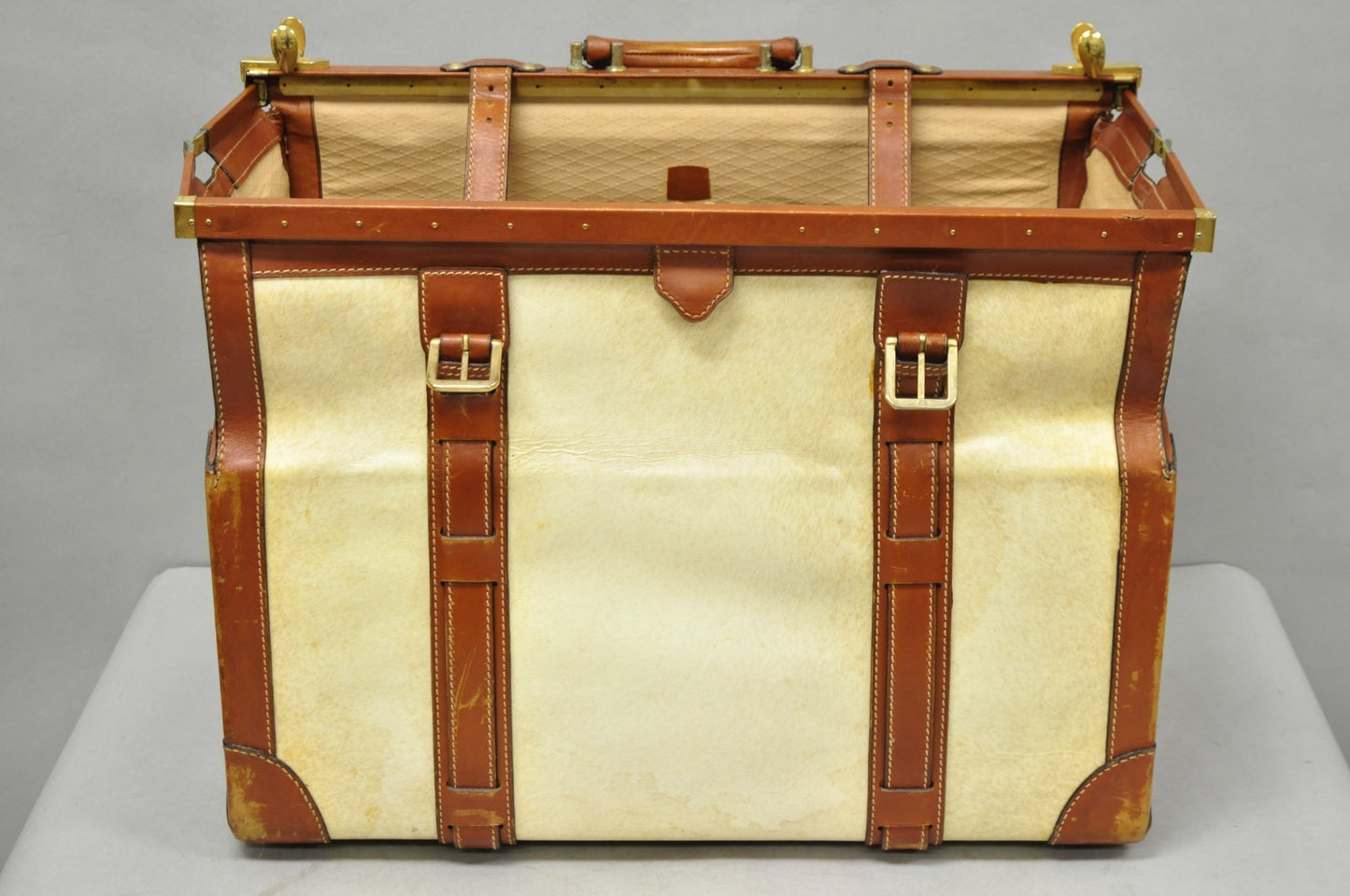 Vintage Dinoffer NY Italian Brown Leather & Vellum Parchment Gladstone Bag, Pair