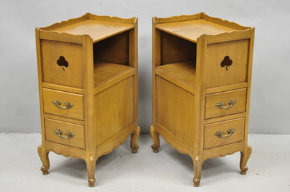 Vintage French Country Provincial Walnut Nightstand Bedside Table w/ Cubby, Pair