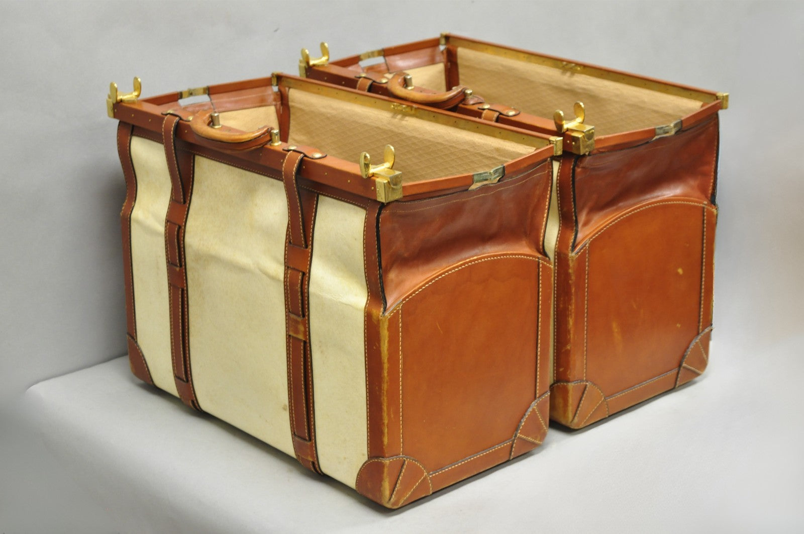 Vintage Dinoffer NY Italian Brown Leather & Vellum Parchment Gladstone Bag, Pair