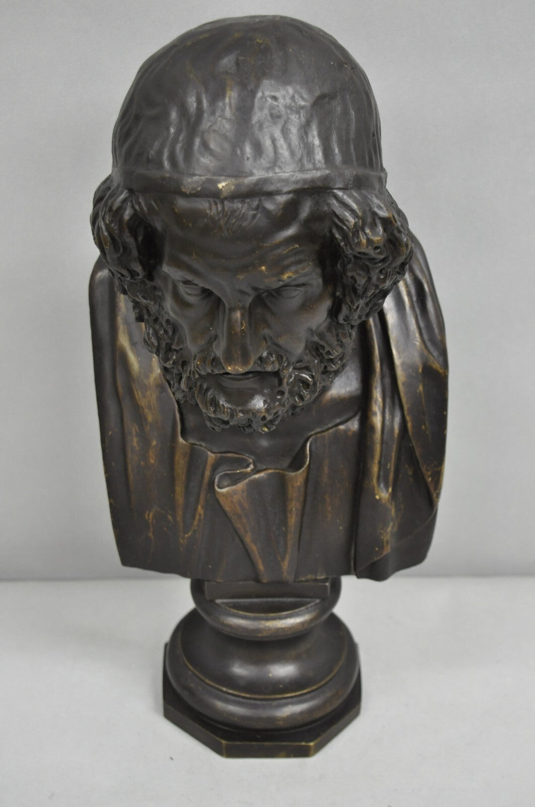 Vintage Greek Classical Style Patinated Cast Bronze Bust Sculpture of Homer