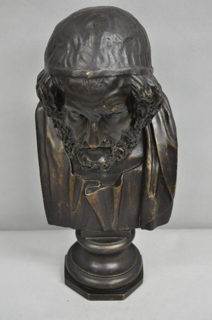 Vintage Greek Classical Style Patinated Cast Bronze Bust Sculpture of Homer