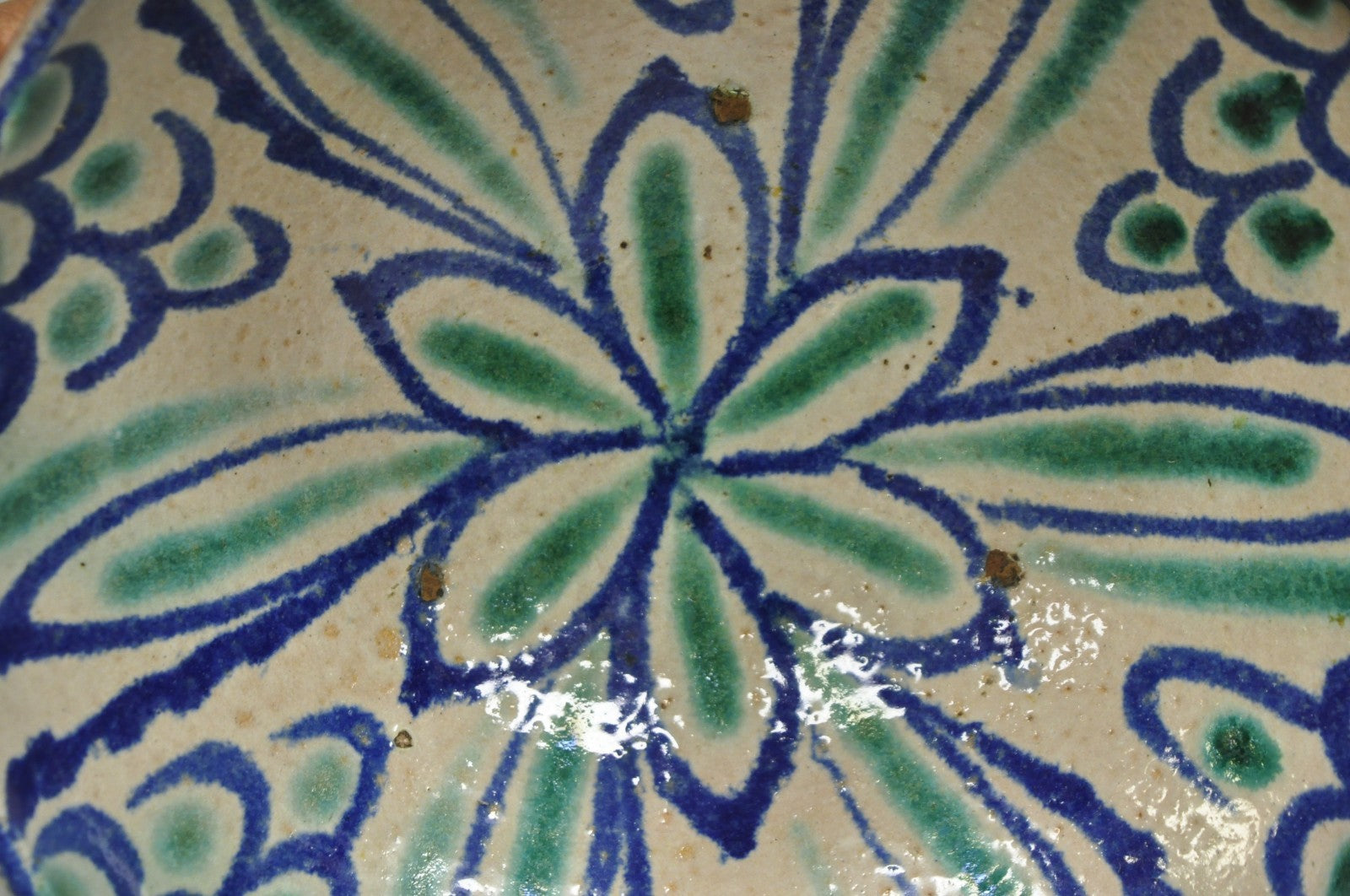 Antique Fajalauza Enamel Spanish Terracotta Pottery Blue Green Painted Bowl