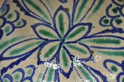 Antique Fajalauza Enamel Spanish Terracotta Pottery Blue Green Painted Bowl