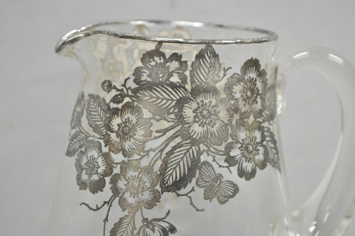 Vintage Art Nouveau Floral Sterling Silver Overlay Crystal Glass Water Pitcher