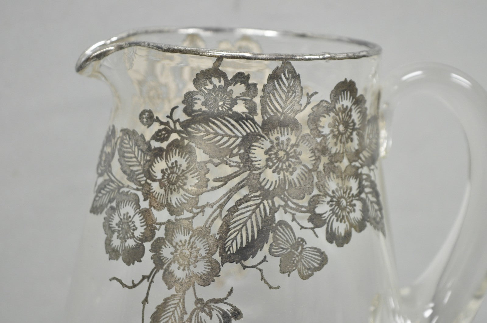 Vintage Art Nouveau Floral Sterling Silver Overlay Crystal Glass Water Pitcher