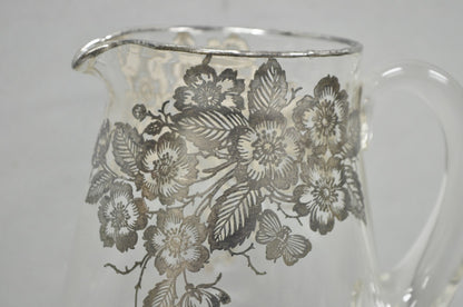 Vintage Art Nouveau Floral Sterling Silver Overlay Crystal Glass Water Pitcher