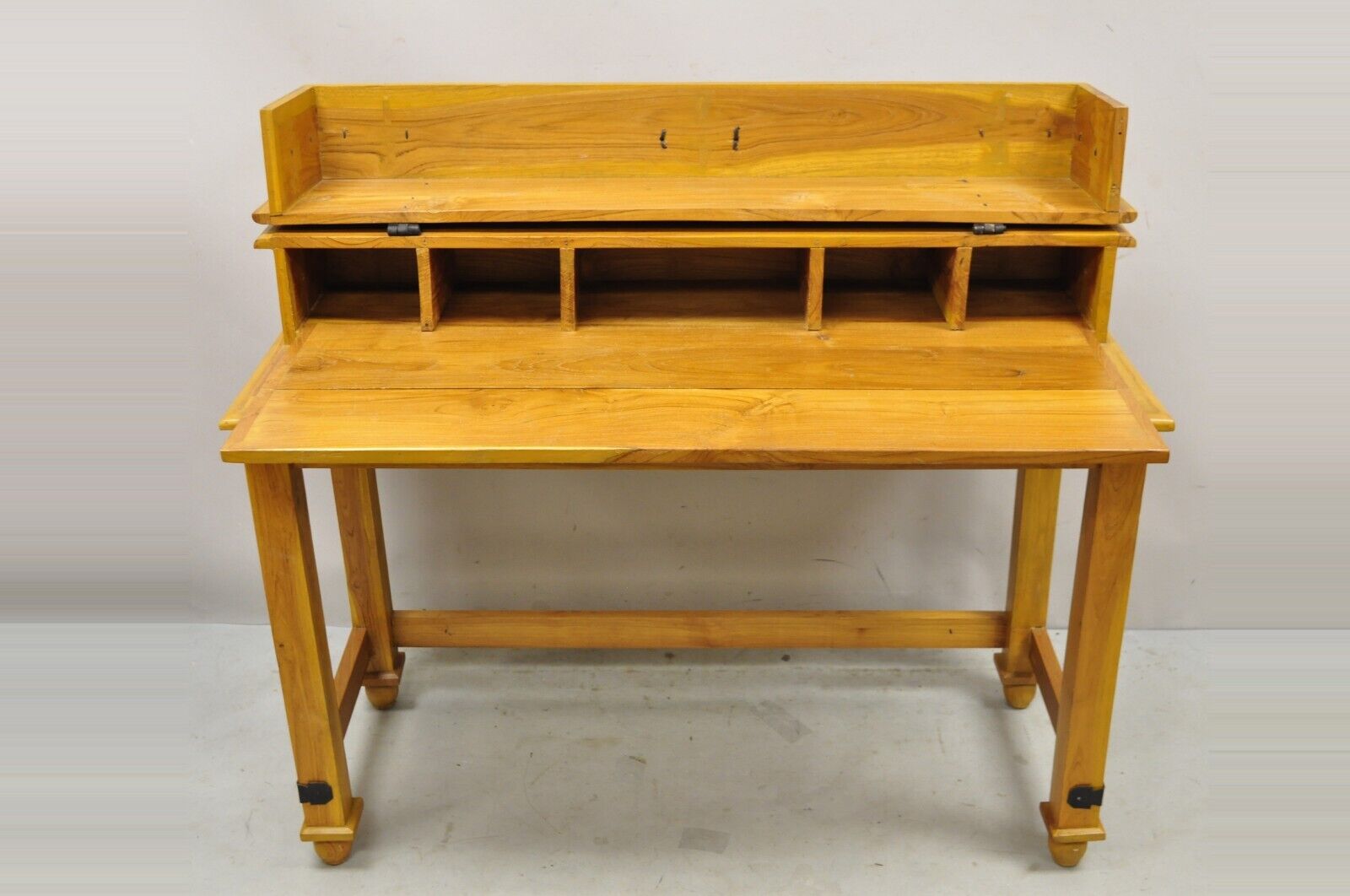 Campaign Style Teak Wood Flip Top Writing Desk with Side Chair -  2pc Set