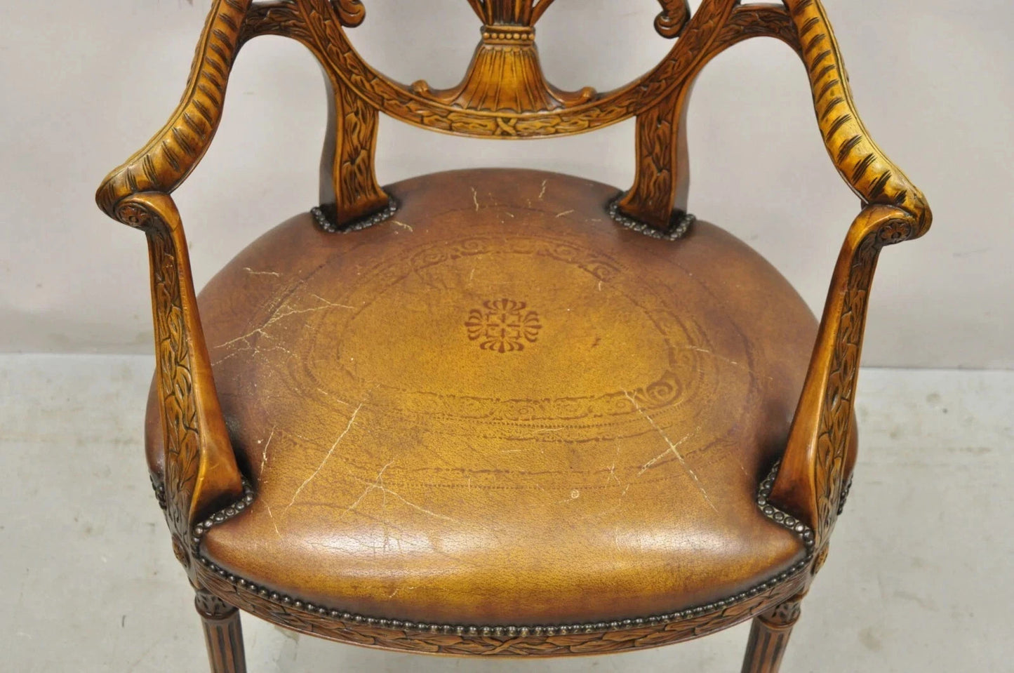 Theodore Alexander Neoclassical Regency Style Carved Mahogany Leather Arm Chair