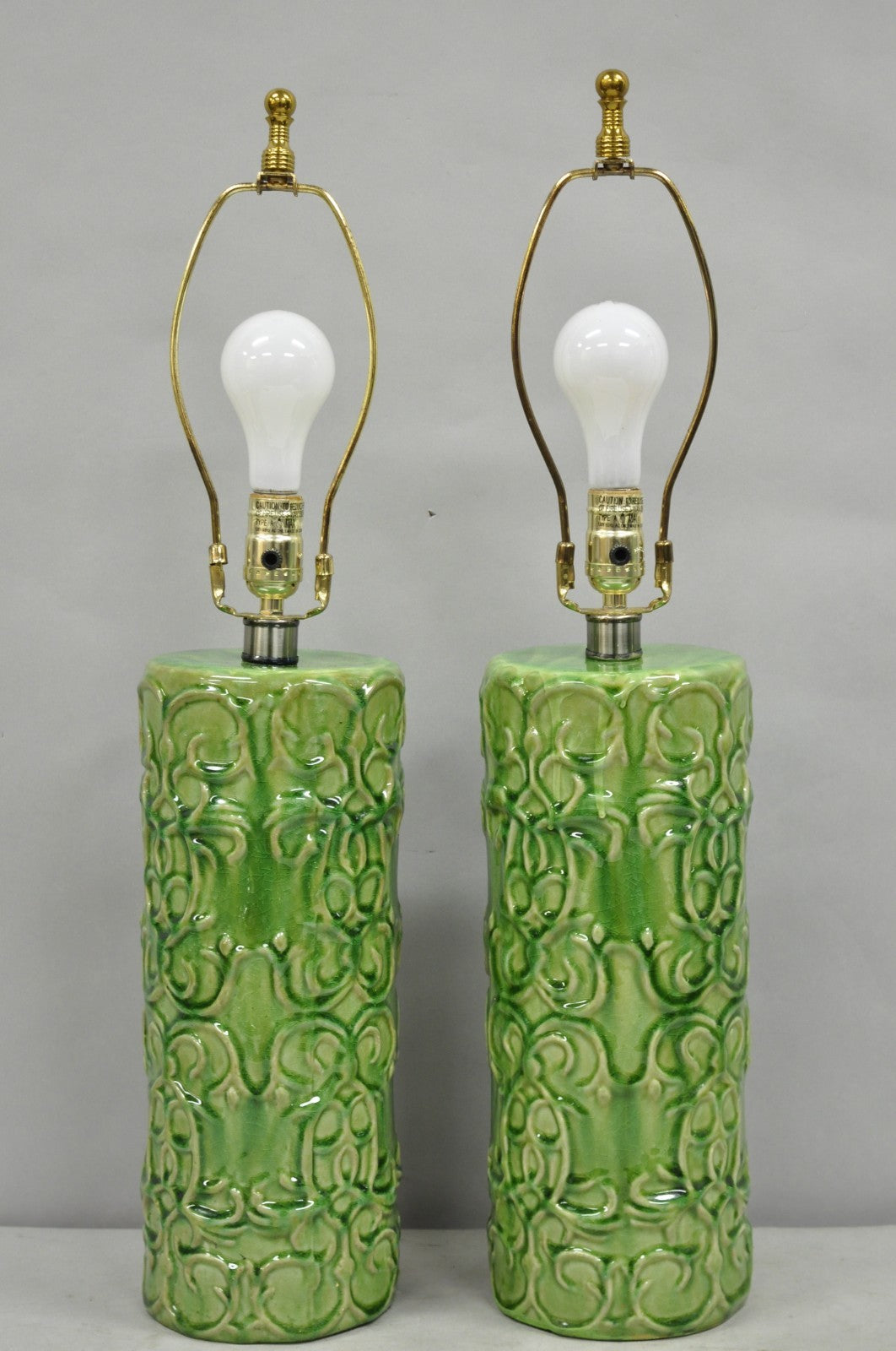 Contemporary Modern Green Glazed Ceramic Scroll Decorated Table Lamps - a Pair