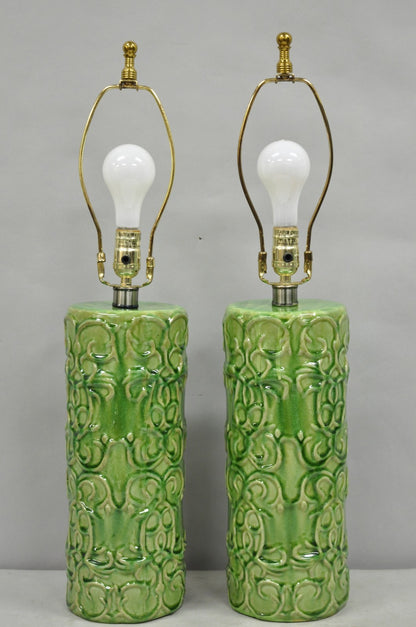 Contemporary Modern Green Glazed Ceramic Scroll Decorated Table Lamps - a Pair