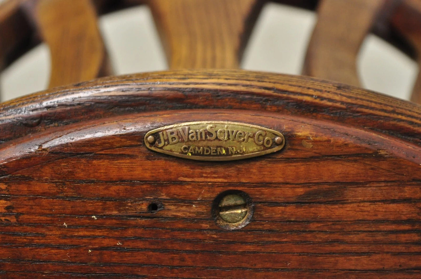 Antique JB Van Sciver Oak Wood Swivel Ship Captains Courthouse Bankers Arm Chair