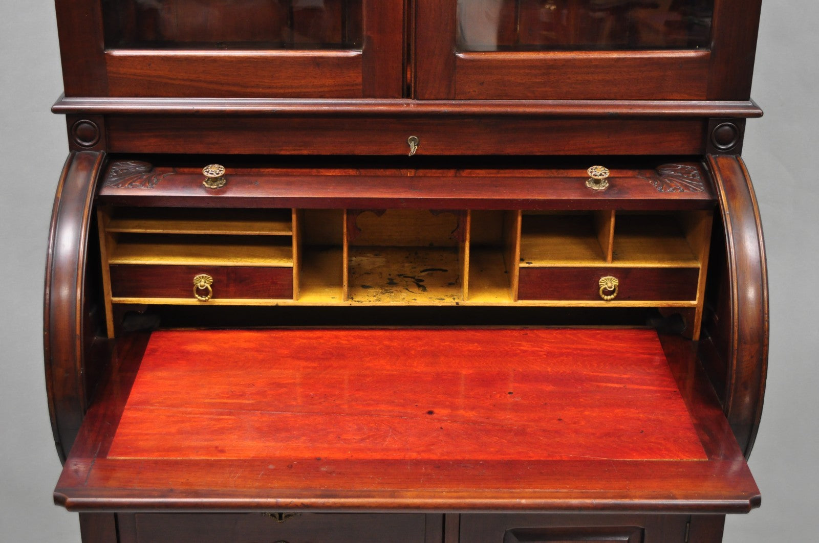 Antique Victorian Mahogany Cylinder Roll Top Bookcase Secretary Desk Cabinet