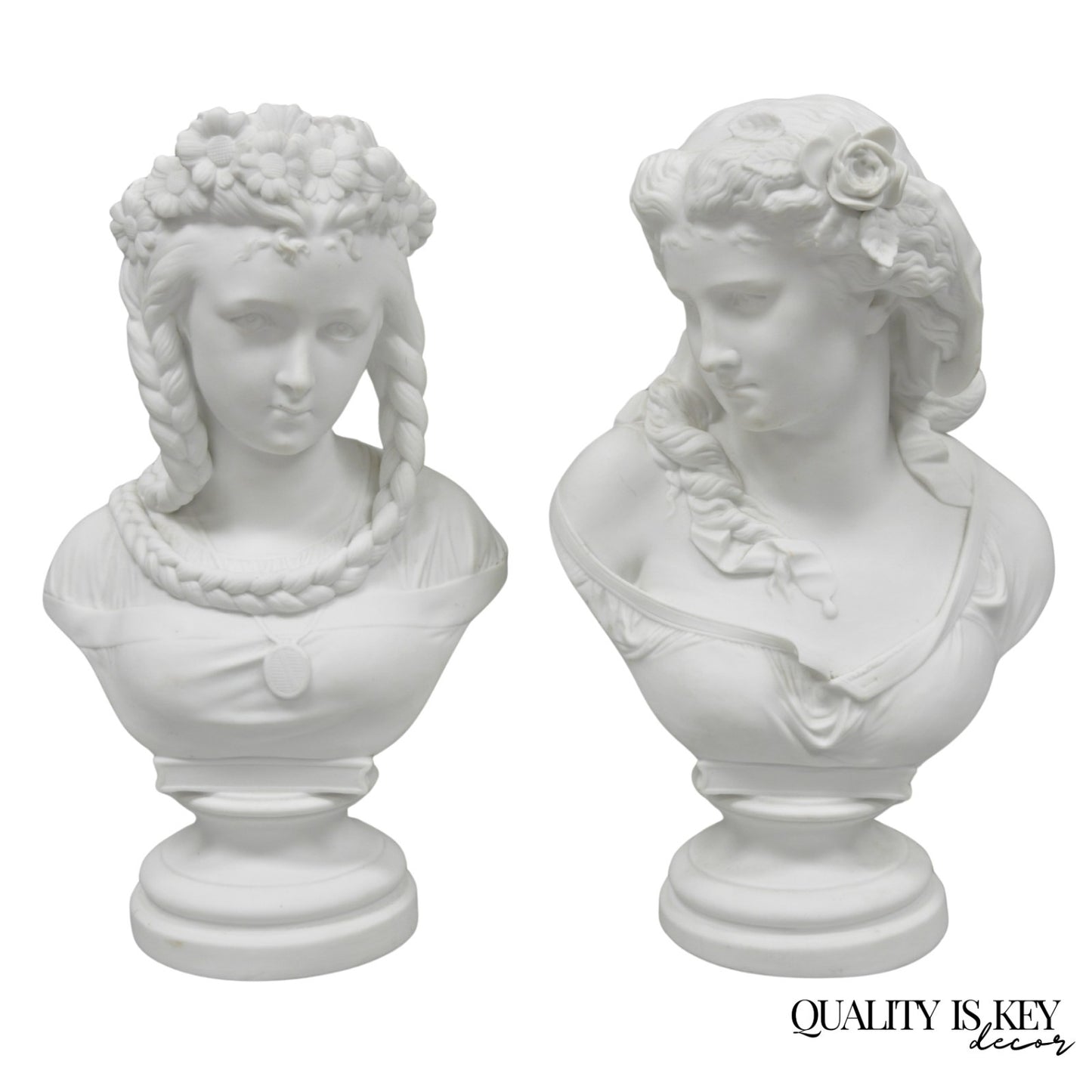 Antique French Classical Parian Porcelain 13" Goddess Female Maiden Bust - Pair