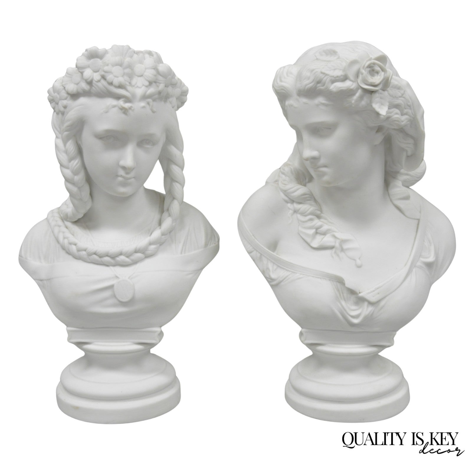 Antique French Classical Parian Porcelain 13" Goddess Female Maiden Bust - Pair