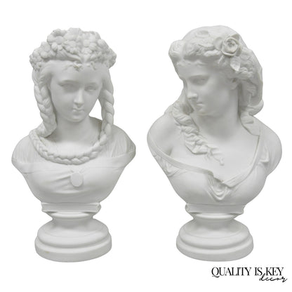 Antique French Classical Parian Porcelain 13" Goddess Female Maiden Bust - Pair