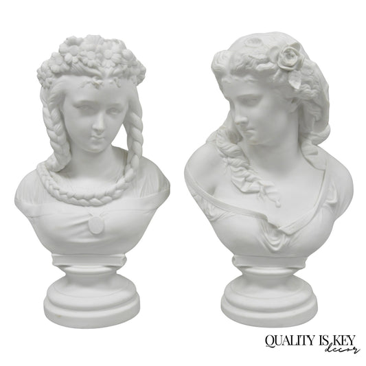Antique French Classical Parian Porcelain 13" Goddess Female Maiden Bust - Pair
