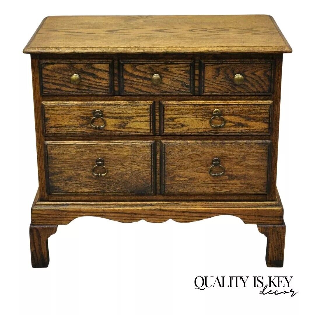 Vintage English Colonial Oak Wood Small Campaign Chest Nightstand Side Table