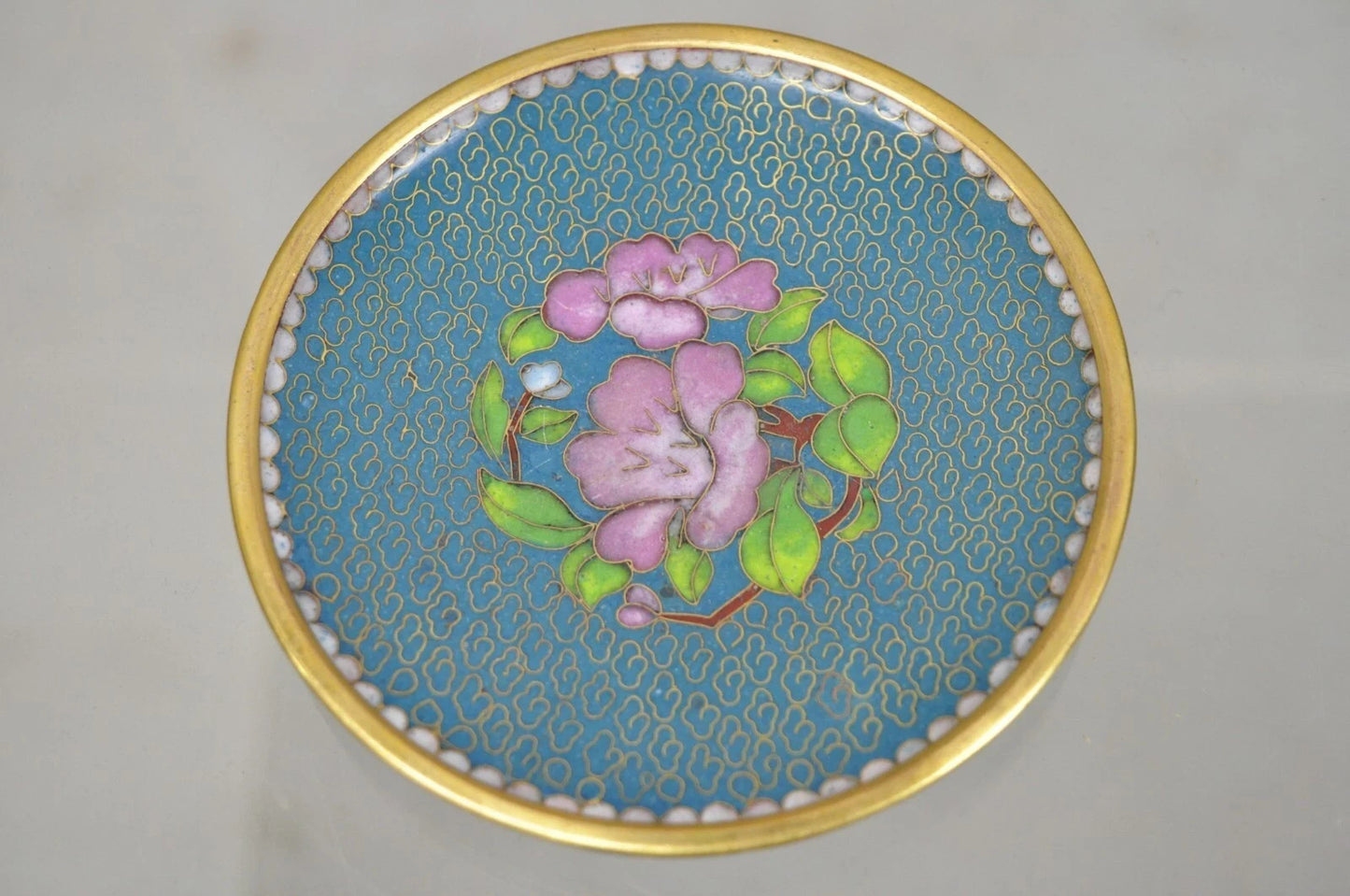 Vintage Brass Enamel Blue & Gold Floral Cloisonne Small Trinket Dish Set - Pair