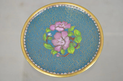Vintage Brass Enamel Blue & Gold Floral Cloisonne Small Trinket Dish Set - Pair
